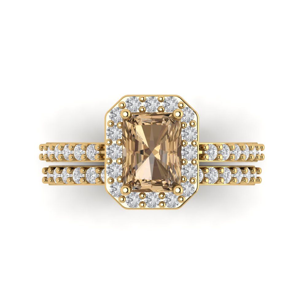 2.16 cttw Emerald Cut Simulated Champagne Diamond Bridal Set - Solid Yellow Gold Engagement Ring & Wedding Band