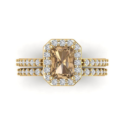 2.16 cttw Emerald Cut Simulated Champagne Diamond Bridal Set - Solid Yellow Gold Engagement Ring & Wedding Band