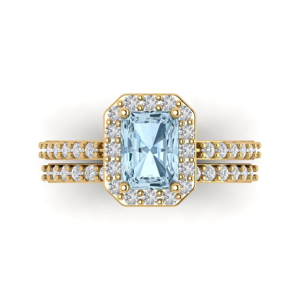 2.16 cttw Emerald Cut Natural Aquamarine Bridal Set - Solid Yellow Gold Engagement Ring & Wedding Band