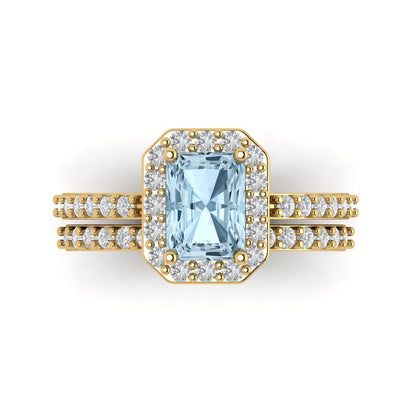 2.16 cttw Emerald Cut Natural Aquamarine Bridal Set - Solid Yellow Gold Engagement Ring & Wedding Band
