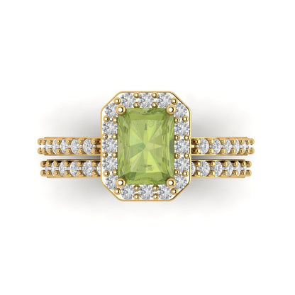 2.16 cttw Emerald Cut Natural Peridot Bridal Set - Solid Yellow Gold Engagement Ring & Wedding Band