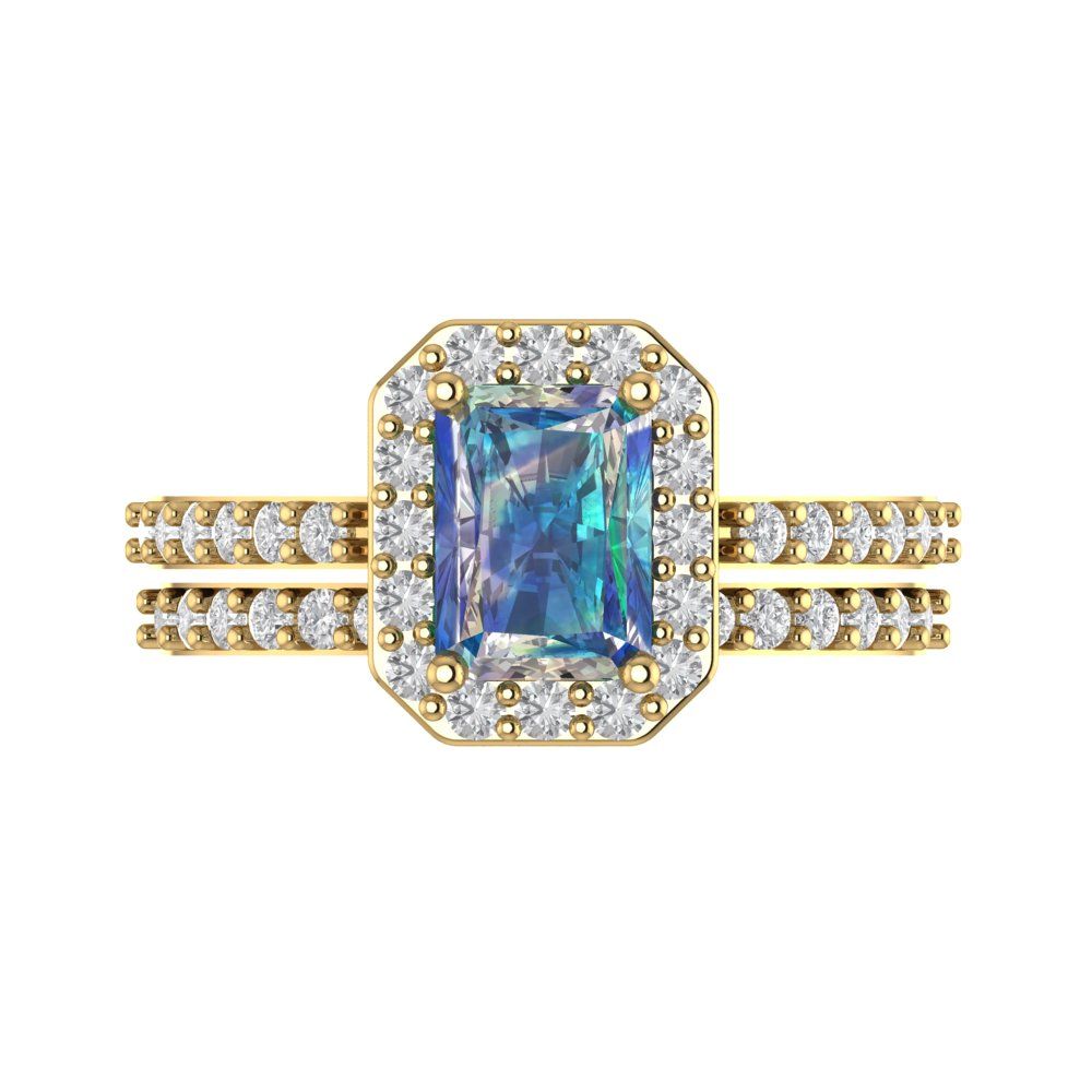 2.16 cttw Emerald Cut Blue Moissanite Bridal Set - Solid Yellow Gold Engagement Ring & Wedding Band
