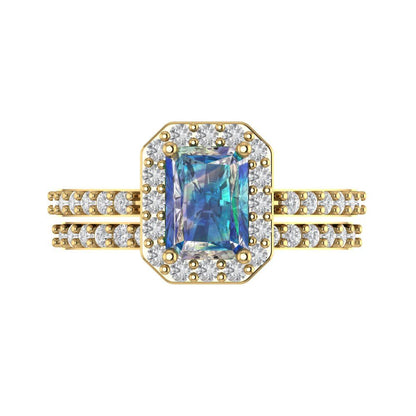 2.16 cttw Emerald Cut Blue Moissanite Bridal Set - Solid Yellow Gold Engagement Ring & Wedding Band