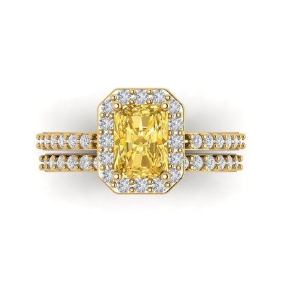 2.16 cttw Emerald Cut Natural Citrine Bridal Set - Solid Yellow Gold Engagement Ring & Wedding Band