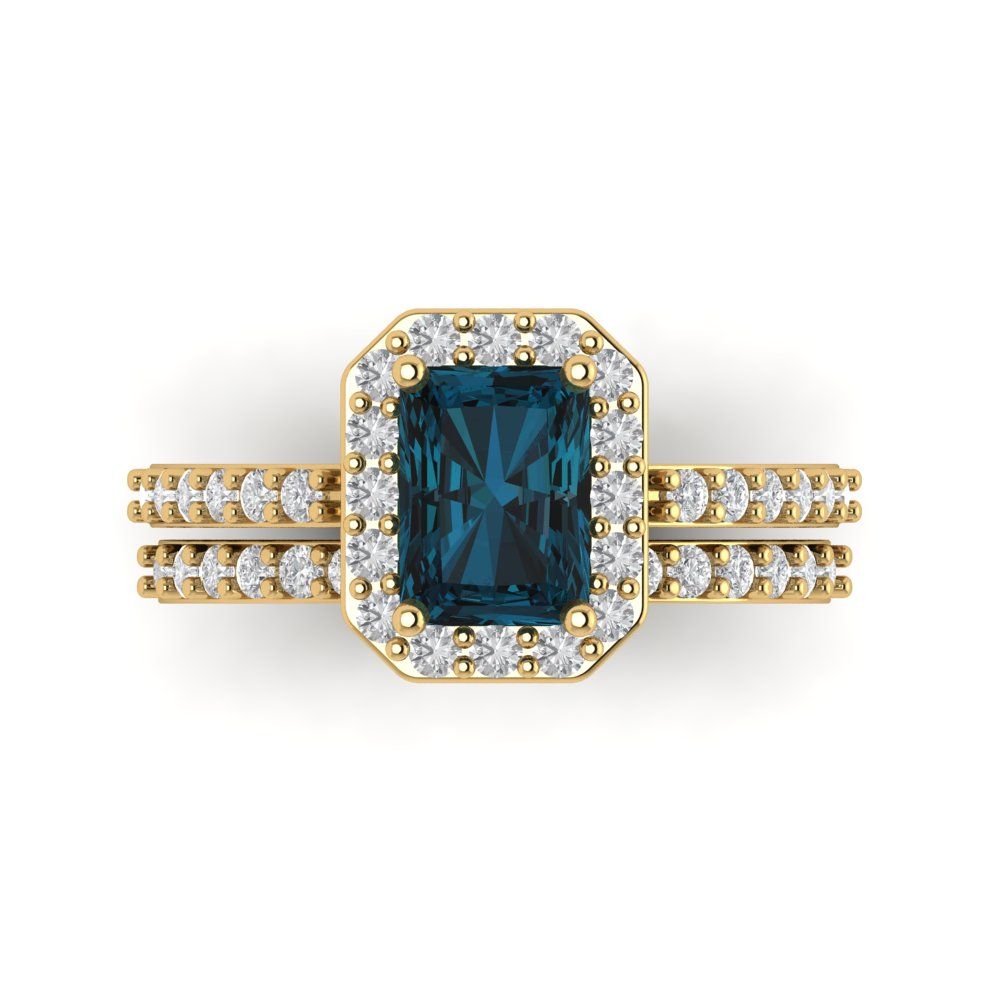 2.16 cttw Emerald Cut Natural London Blue Topaz Bridal Set - Solid Yellow Gold Engagement Ring & Wedding Band