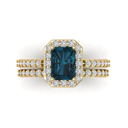 2.16 cttw Emerald Cut Natural London Blue Topaz Bridal Set - Solid Yellow Gold Engagement Ring & Wedding Band