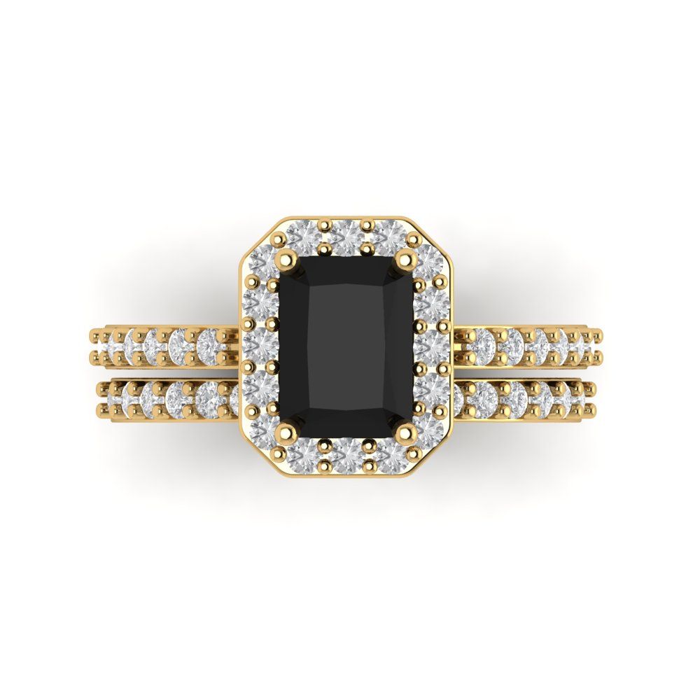 2.16 cttw Emerald Cut Natural Onyx Bridal Set - Solid Yellow Gold Engagement Ring & Wedding Band