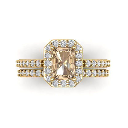 2.16 cttw Emerald Cut Yellow Moissanite Bridal Set - Solid Yellow Gold Engagement Ring & Wedding Band