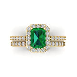 2.22 ct Brilliant Emerald Cut Simulated Emerald Stone Yellow Gold Halo Solitaire with Accents Bridal Set