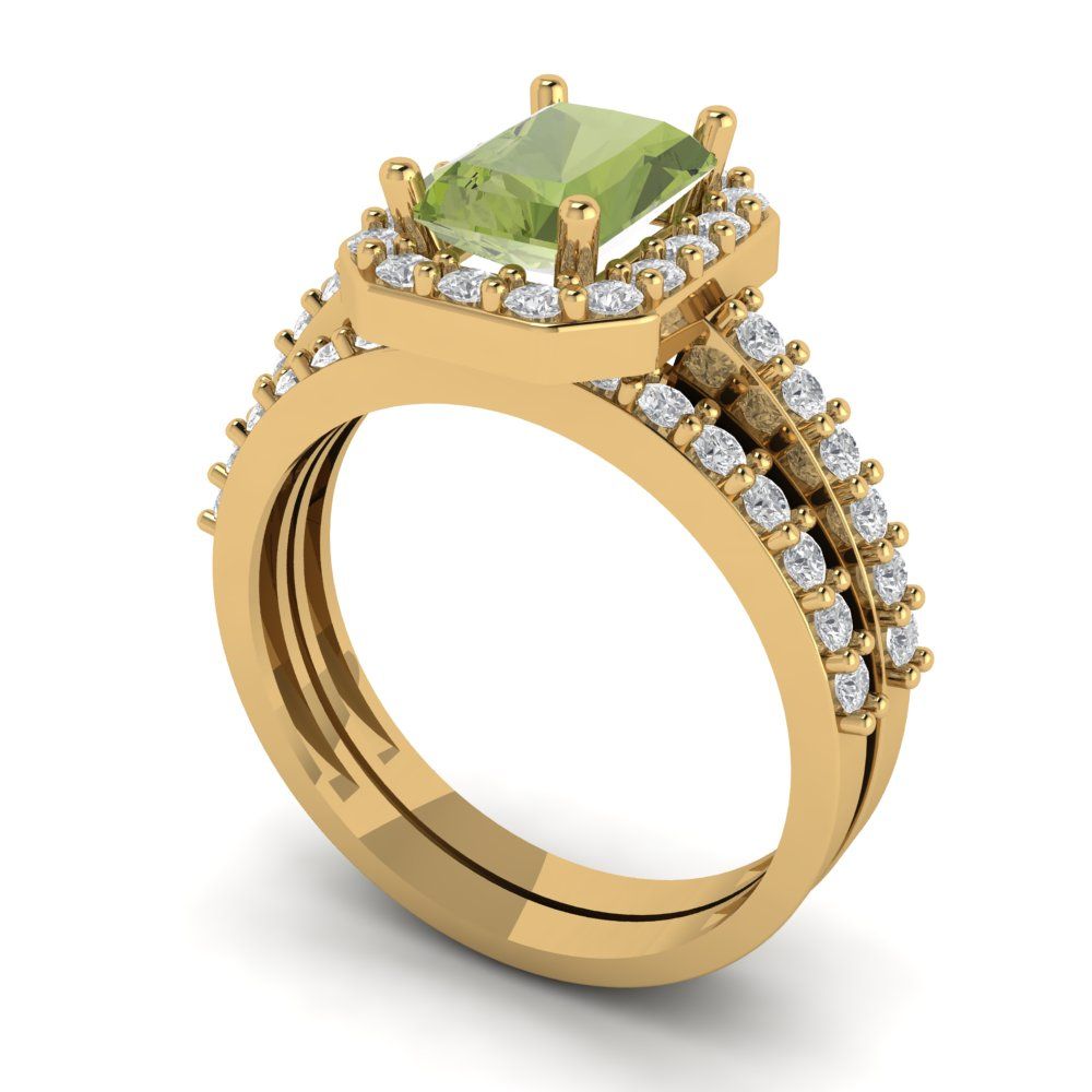 2.16 cttw Emerald Cut Natural Peridot Bridal Set - Solid Yellow Gold Engagement Ring & Wedding Band