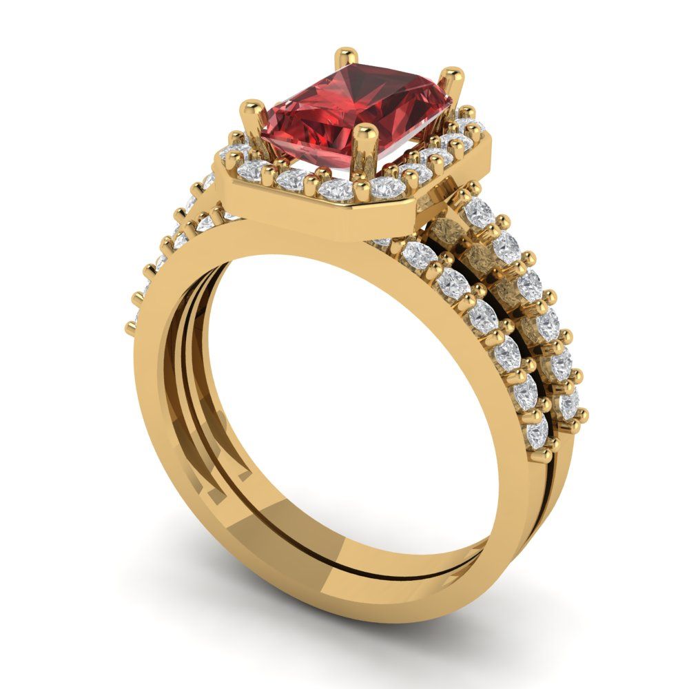 2.16 cttw Emerald Cut Natural Garnet Bridal Set - Solid Yellow Gold Engagement Ring & Wedding Band