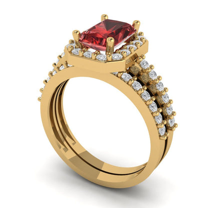 2.16 cttw Emerald Cut Natural Garnet Bridal Set - Solid Yellow Gold Engagement Ring & Wedding Band