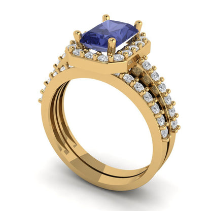 2.16 cttw Emerald Cut Simulated Tanzanite Bridal Set - Solid Yellow Gold Engagement Ring & Wedding Band