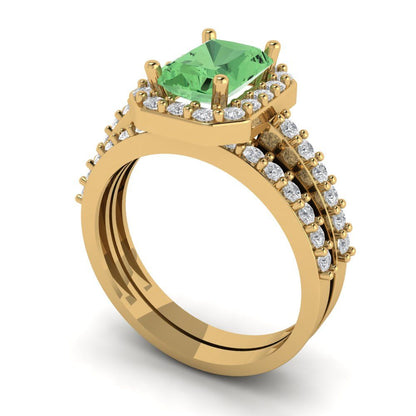 2.16 cttw Emerald Cut Simulated Green Diamond Bridal Set - Solid Yellow Gold Engagement Ring & Wedding Band