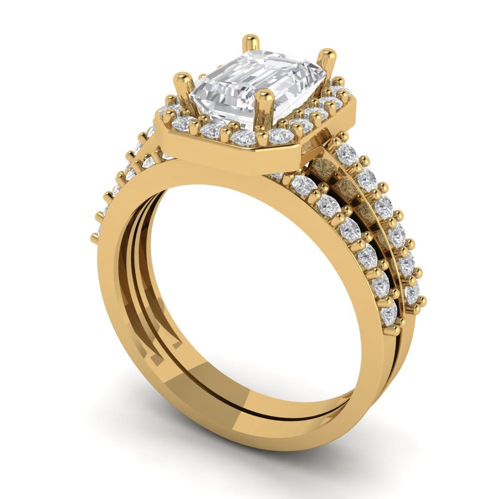 2.16 cttw Emerald Cut White Sapphire Bridal Set - Solid Yellow Gold Engagement Ring & Wedding Band