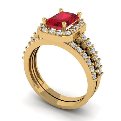 2.16 cttw Emerald Cut Simulated Ruby Bridal Set - Solid Yellow Gold Engagement Ring & Wedding Band
