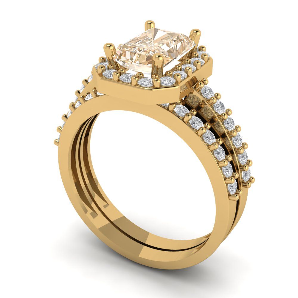 2.16 cttw Emerald Cut Natural Morganite Bridal Set - Solid Yellow Gold Engagement Ring & Wedding Band