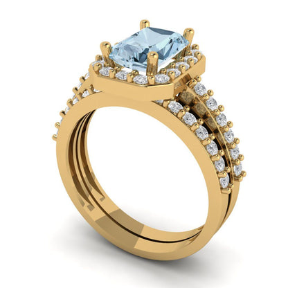 2.16 cttw Emerald Cut Natural Sky Blue Topaz Bridal Set - Solid Yellow Gold Engagement Ring & Wedding Band