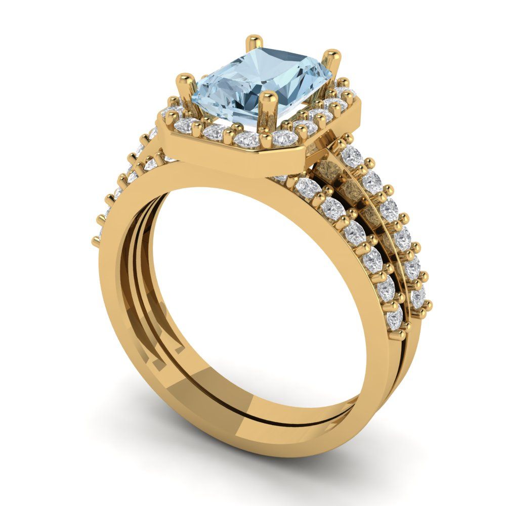 2.16 cttw Emerald Cut Natural Swiss Blue Topaz Bridal Set - Solid Yellow Gold Engagement Ring & Wedding Band