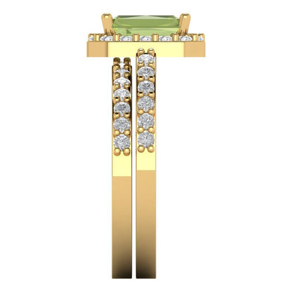 2.16 cttw Emerald Cut Natural Peridot Bridal Set - Solid Yellow Gold Engagement Ring & Wedding Band