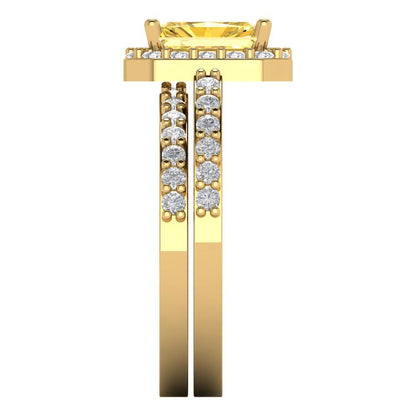 2.16 cttw Emerald Cut Simulated Yellow Diamond Bridal Set - Solid Yellow Gold Engagement Ring & Wedding Band