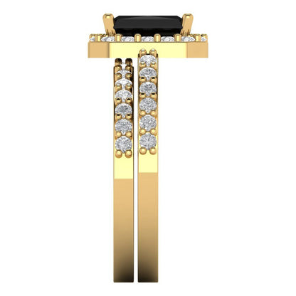 2.16 cttw Emerald Cut Natural Onyx Bridal Set - Solid Yellow Gold Engagement Ring & Wedding Band