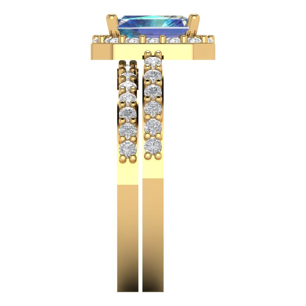 2.16 cttw Emerald Cut Blue Moissanite Bridal Set - Solid Yellow Gold Engagement Ring & Wedding Band