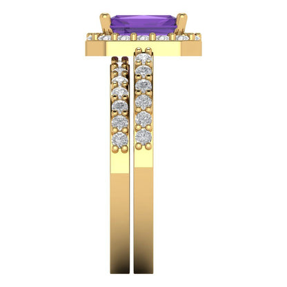 2.16 cttw Emerald Cut Natural Amethyst Bridal Set - Solid Yellow Gold Engagement Ring & Wedding Band