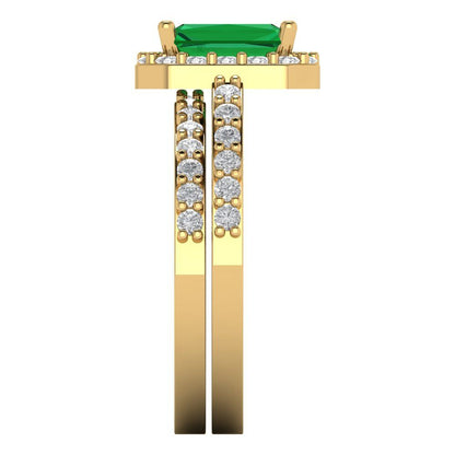 2.16 cttw Emerald Cut Simulated Emerald Bridal Set - Solid Yellow Gold Engagement Ring & Wedding Band