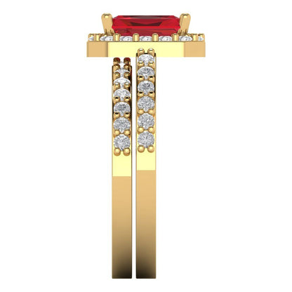2.16 cttw Emerald Cut Simulated Ruby Bridal Set - Solid Yellow Gold Engagement Ring & Wedding Band