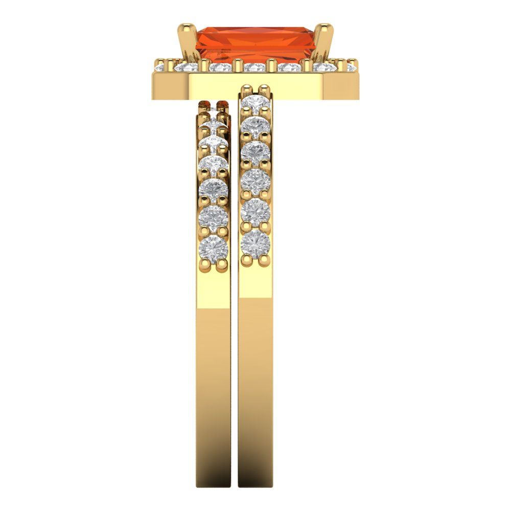 2.16 cttw Emerald Cut Simulated Red Diamond Bridal Set - Solid Yellow Gold Engagement Ring & Wedding Band