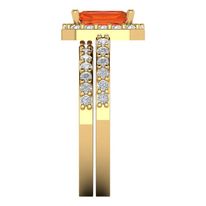 2.16 cttw Emerald Cut Simulated Red Diamond Bridal Set - Solid Yellow Gold Engagement Ring & Wedding Band