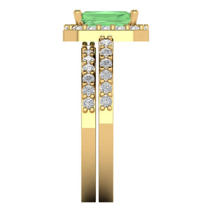 2.16 cttw Emerald Cut Simulated Green Diamond Bridal Set - Solid Yellow Gold Engagement Ring & Wedding Band