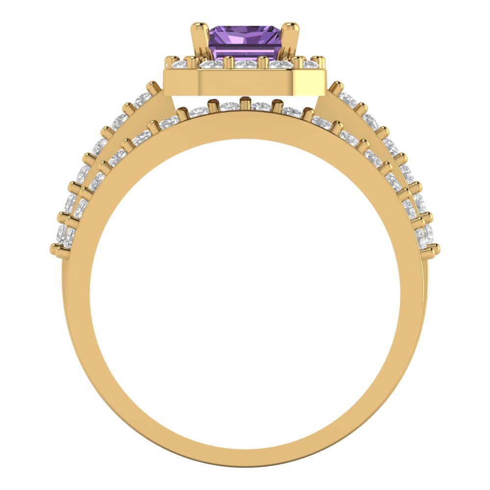 2.16 cttw Emerald Cut Simulated Alexandrite Bridal Set - Solid Yellow Gold Engagement Ring & Wedding Band