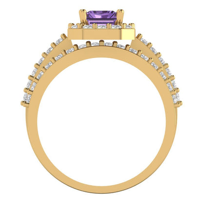 2.16 cttw Emerald Cut Simulated Alexandrite Bridal Set - Solid Yellow Gold Engagement Ring & Wedding Band