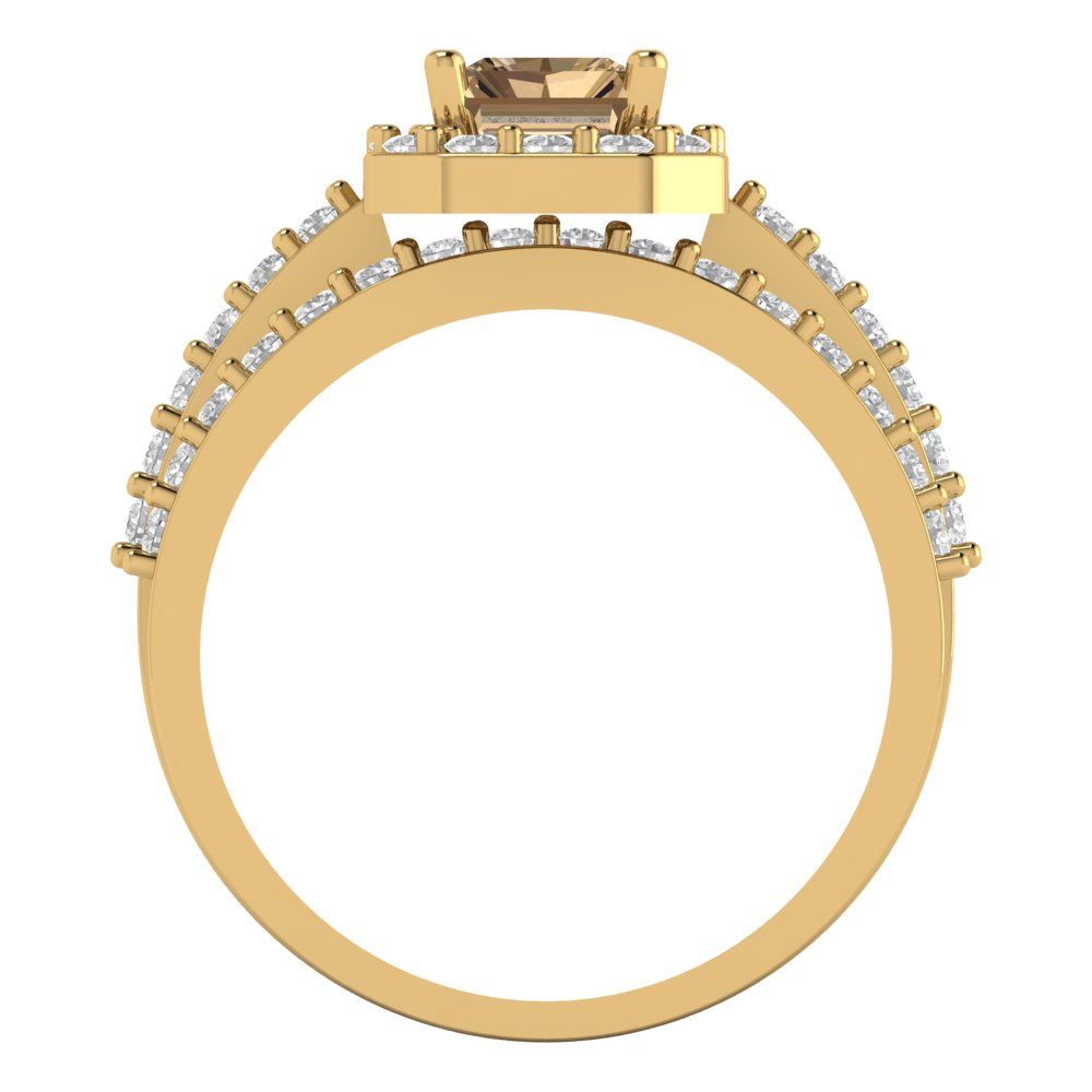 2.16 cttw Emerald Cut Simulated Champagne Diamond Bridal Set - Solid Yellow Gold Engagement Ring & Wedding Band