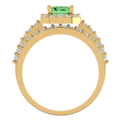 2.16 cttw Emerald Cut Simulated Green Diamond Bridal Set - Solid Yellow Gold Engagement Ring & Wedding Band