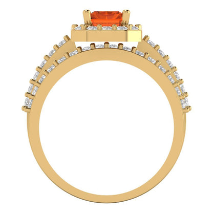 2.16 cttw Emerald Cut Simulated Ruby Bridal Set - Solid Yellow Gold Engagement Ring & Wedding Band