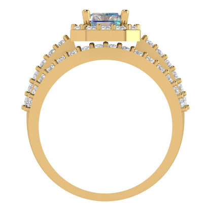 2.16 cttw Emerald Cut Blue Moissanite Bridal Set - Solid Yellow Gold Engagement Ring & Wedding Band