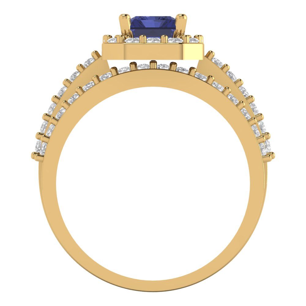 2.16 cttw Emerald Cut Simulated Tanzanite Bridal Set - Solid Yellow Gold Engagement Ring & Wedding Band