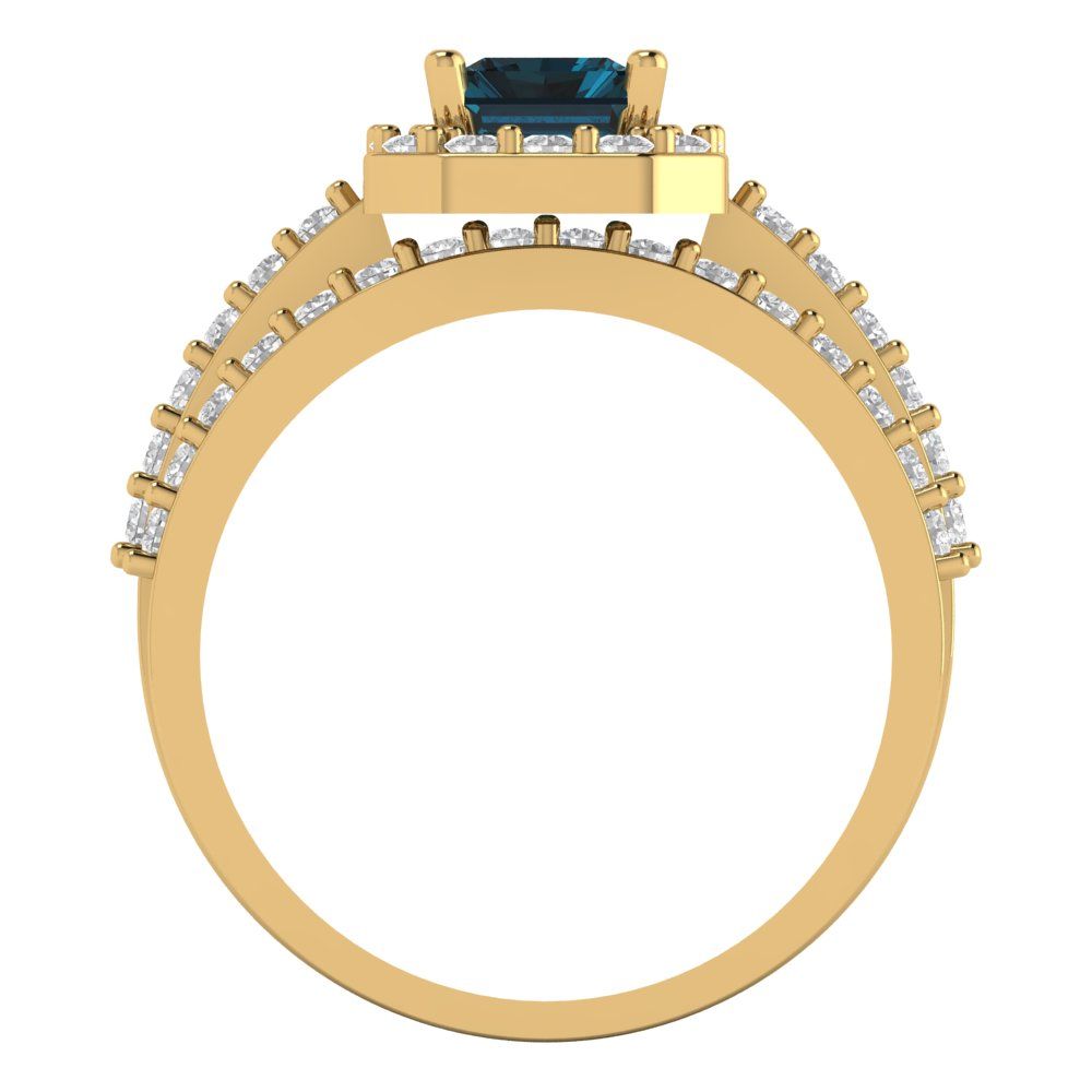 2.16 cttw Emerald Cut Natural London Blue Topaz Bridal Set - Solid Yellow Gold Engagement Ring & Wedding Band