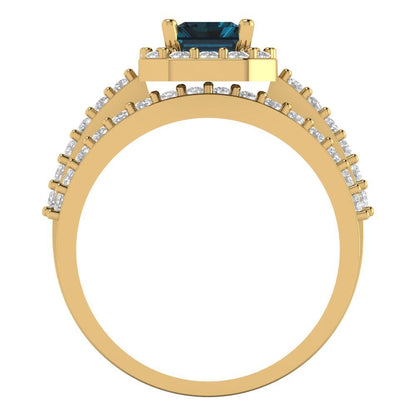 2.16 cttw Emerald Cut Natural London Blue Topaz Bridal Set - Solid Yellow Gold Engagement Ring & Wedding Band