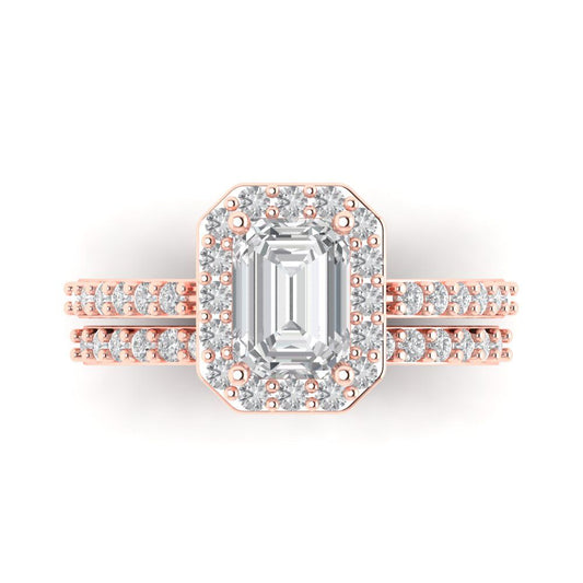 2.16 cttw Emerald Cut Zirconia Simulated Diamond Bridal Set - Solid Rose Gold Engagement Ring & Wedding Band
