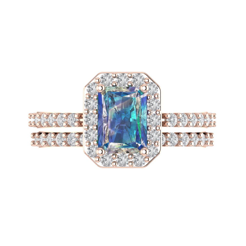 2.16 cttw Emerald Cut Blue Moissanite Bridal Set - Solid Rose Gold Engagement Ring & Wedding Band