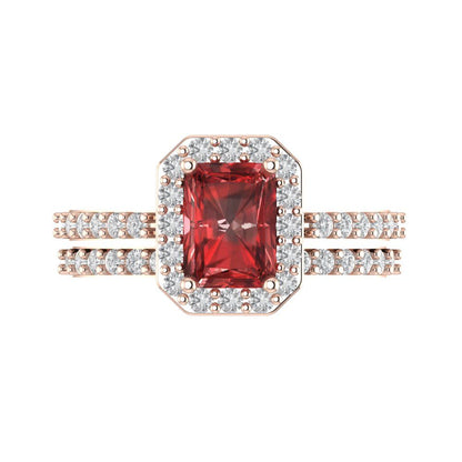 2.16 cttw Emerald Cut Natural Garnet Bridal Set - Solid Rose Gold Engagement Ring & Wedding Band