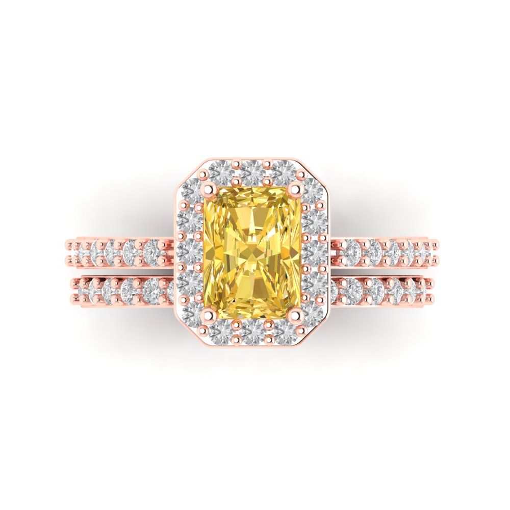 2.16 cttw Emerald Cut Natural Citrine Bridal Set - Solid Rose Gold Engagement Ring & Wedding Band