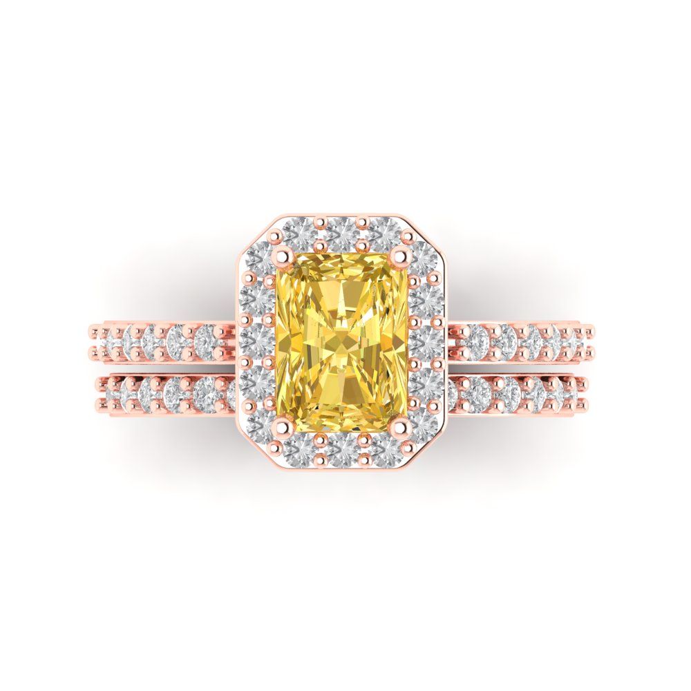 2.16 cttw Emerald Cut Simulated Yellow Diamond Bridal Set - Solid Rose Gold Engagement Ring & Wedding Band