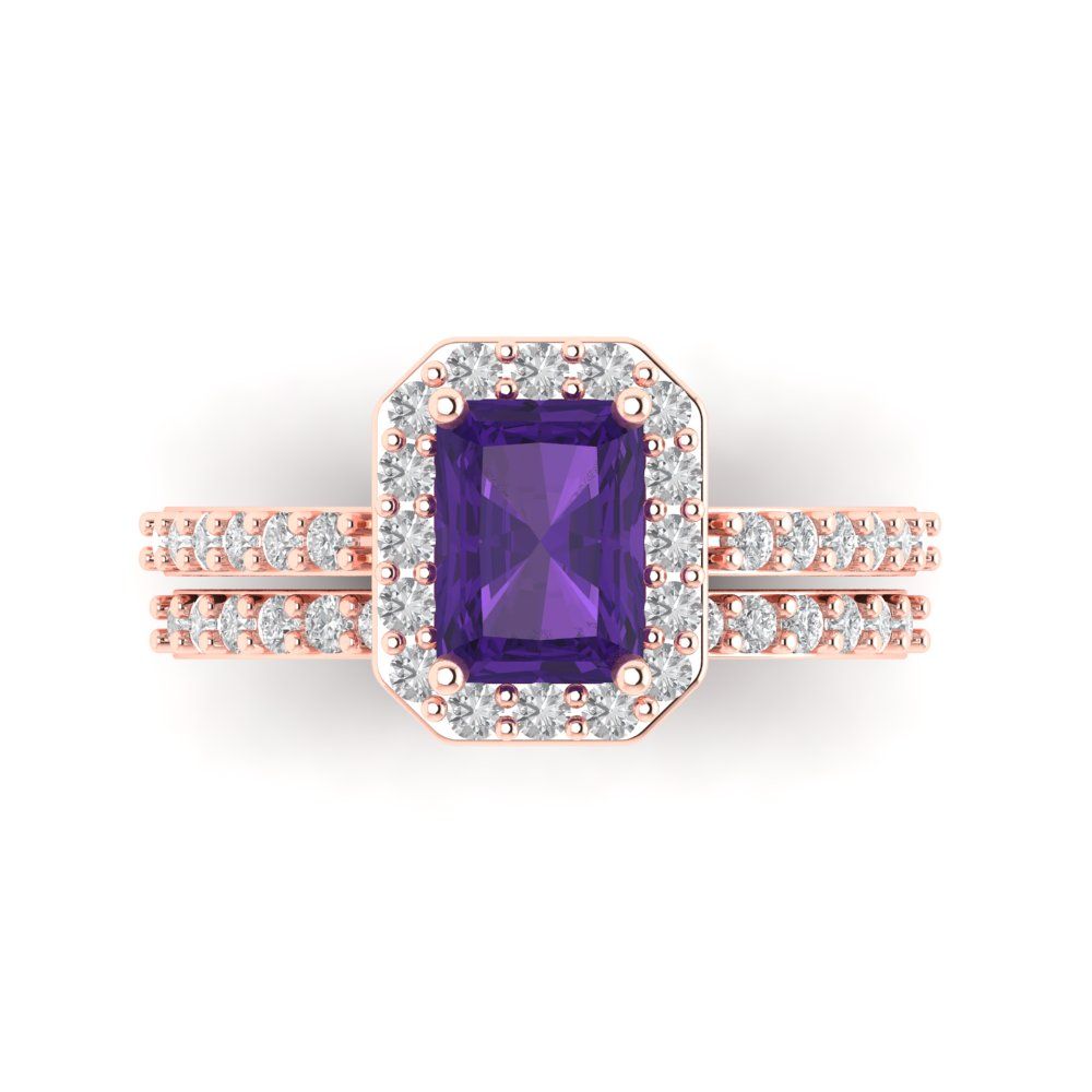 2.16 cttw Emerald Cut Natural Amethyst Bridal Set - Solid Rose Gold Engagement Ring & Wedding Band