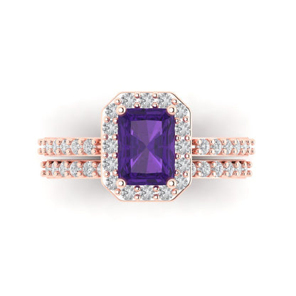 2.16 cttw Emerald Cut Natural Amethyst Bridal Set - Solid Rose Gold Engagement Ring & Wedding Band