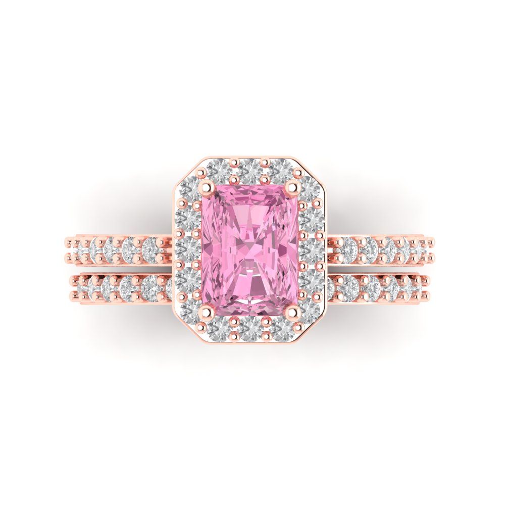 2.16 cttw Emerald Cut Simulated Pink Diamond Bridal Set - Solid Rose Gold Engagement Ring & Wedding Band
